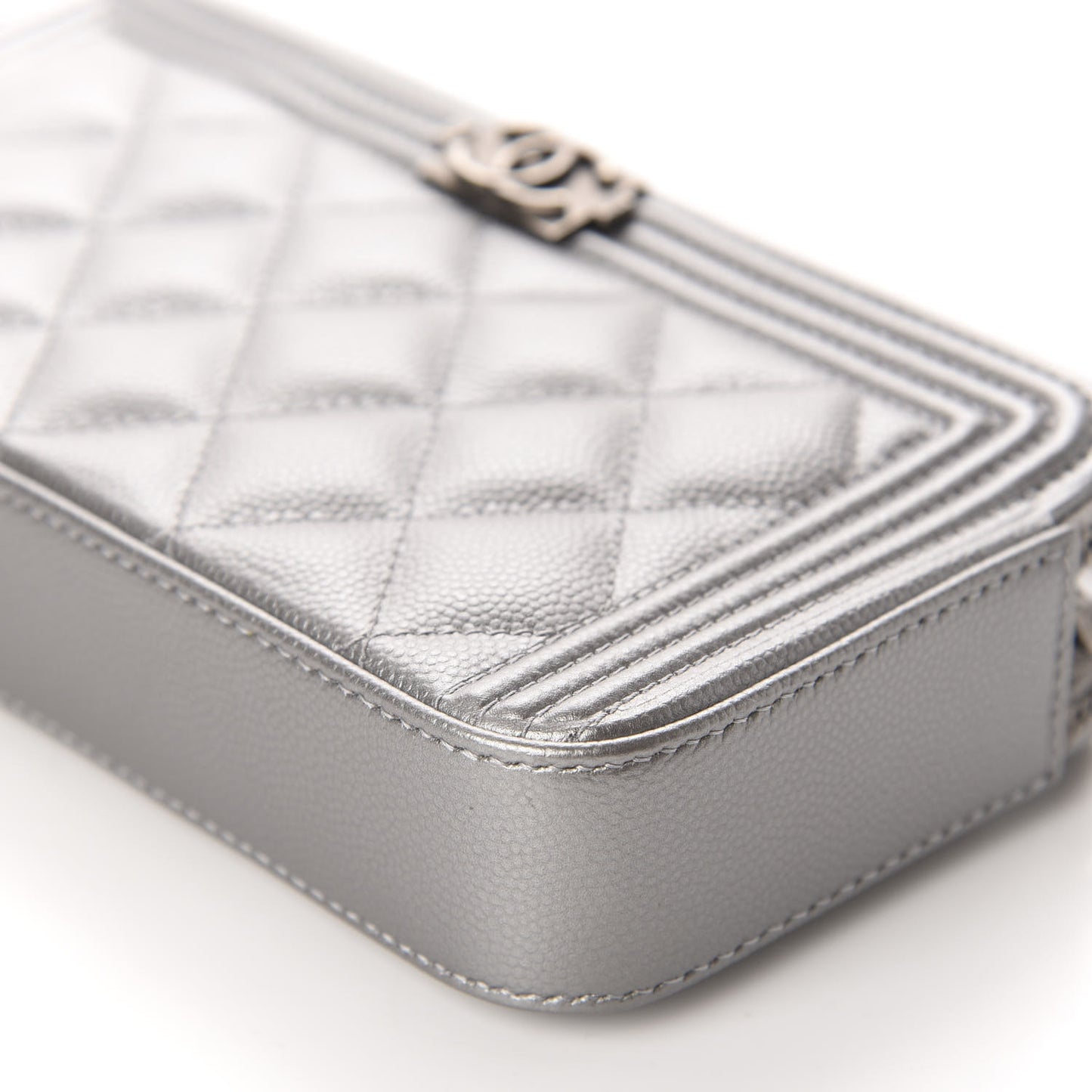 Metallic Caviar Quilted Small Boy Clutch With Chain Silver