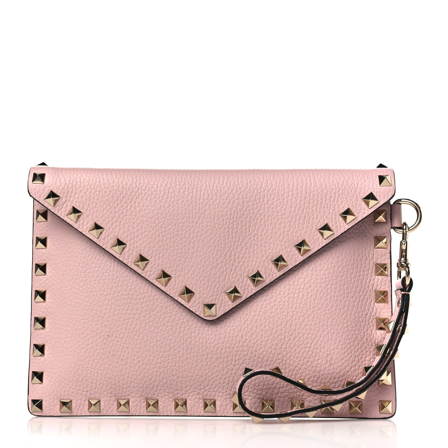 Pebbled Calfskin Medium Rockstud Envelope Flat Wristlet Pouch Water Rose