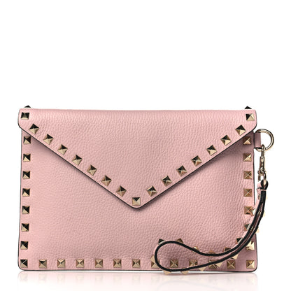 Valentino Garavani Pebbled Calfskin Medium Rockstud Envelope Flat Wristlet Pouch Water Rose 1 of 7
