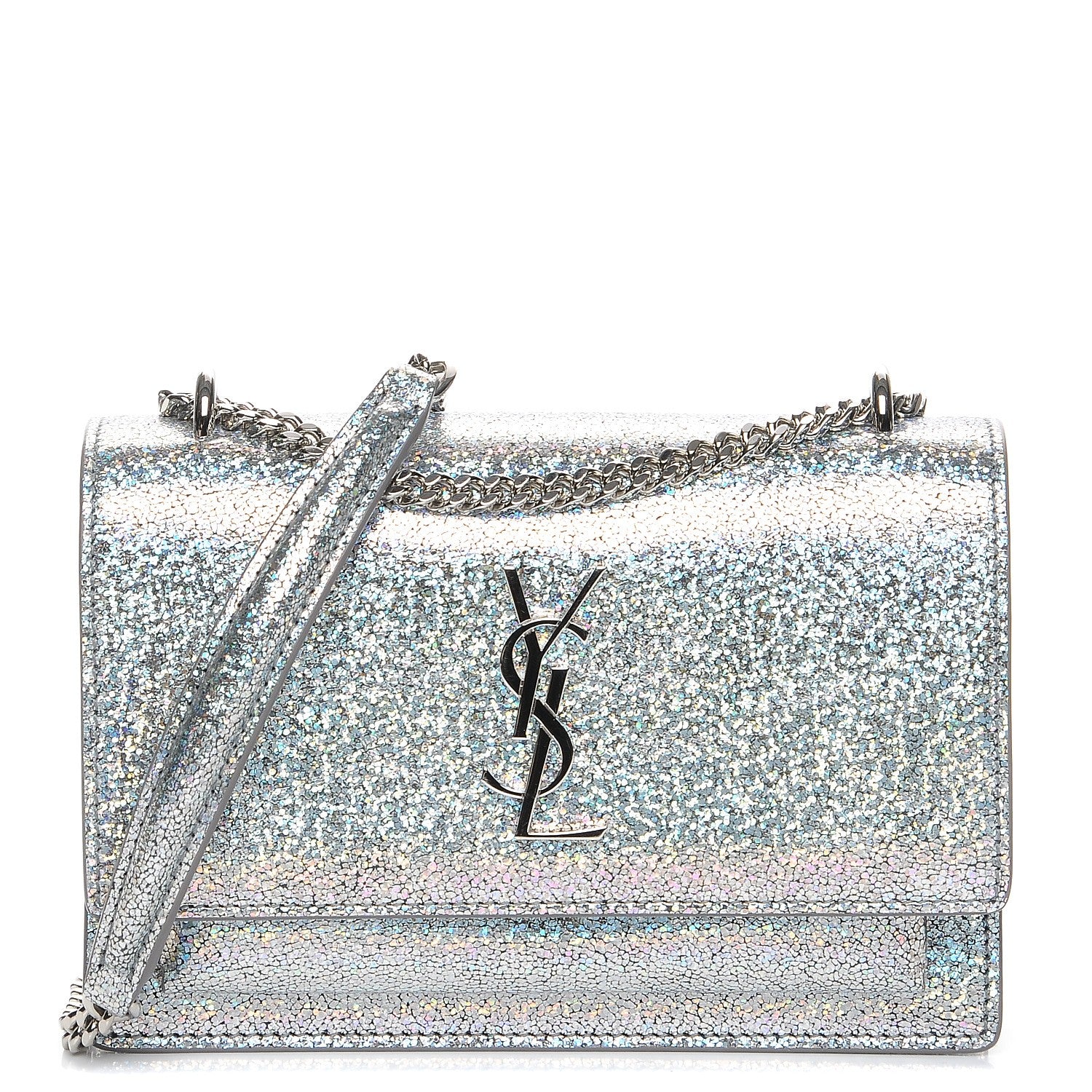 Saint Laurent Metallic Crackled Calfskin Monogram Sunset Chain Wallet Star Light 1 of 9