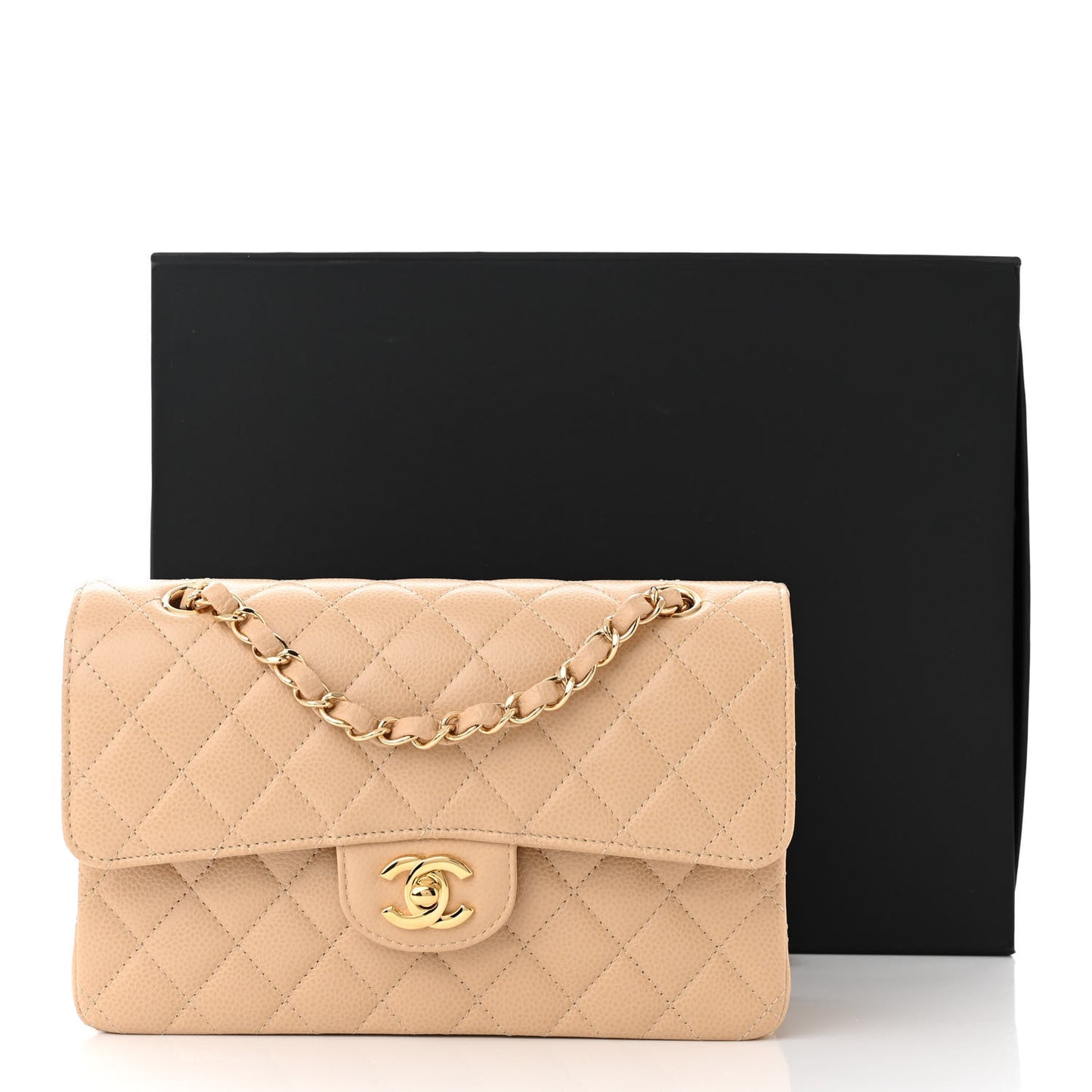 Caviar Quilted Small Double Flap Beige