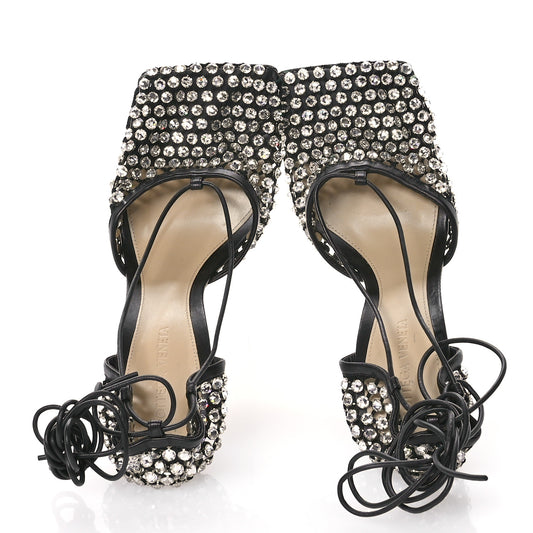 Mesh Nappa Crystal Embellished Sparkle Stretch Ankle Tie Sandals 38 Black