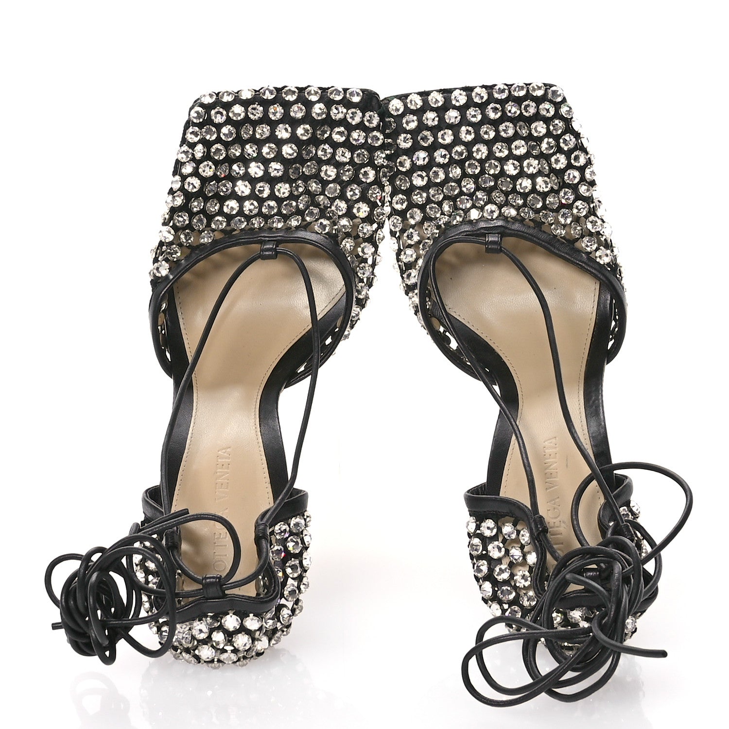 Bottega Veneta Mesh Nappa Crystal Embellished Sparkle Stretch Ankle Tie Sandals 38 Black 2 of 12