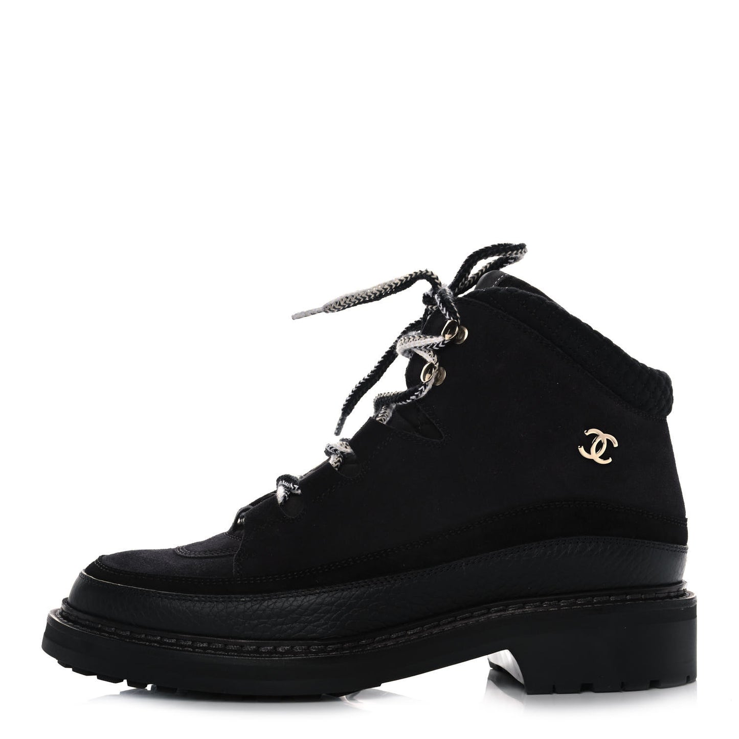 Suede Grained Calfskin CC Lace Up Boots 41 Black