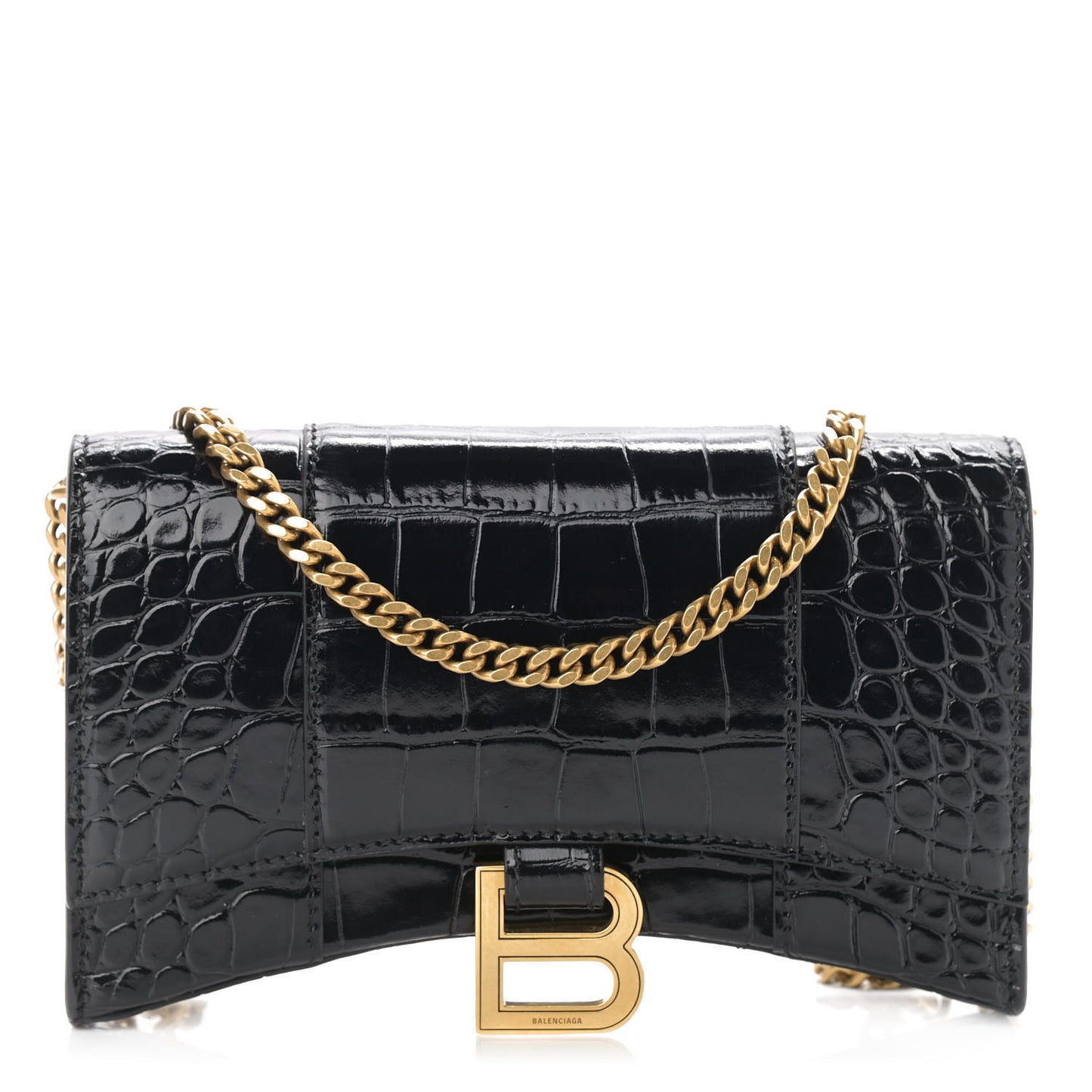 Shiny Calfskin Crocodile Embossed Hourglass Chain Bag Black