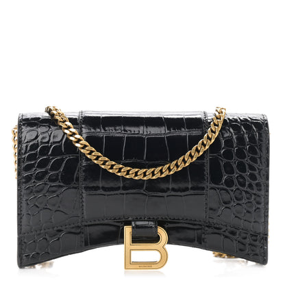 Balenciaga Shiny Calfskin Crocodile Embossed Hourglass Chain Bag Black 1 of 11