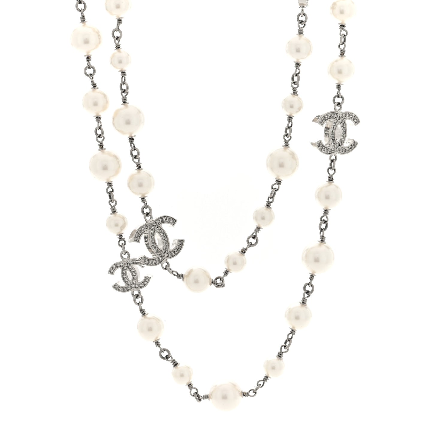 Pearl Crystal CC Necklace Silver Pearly White