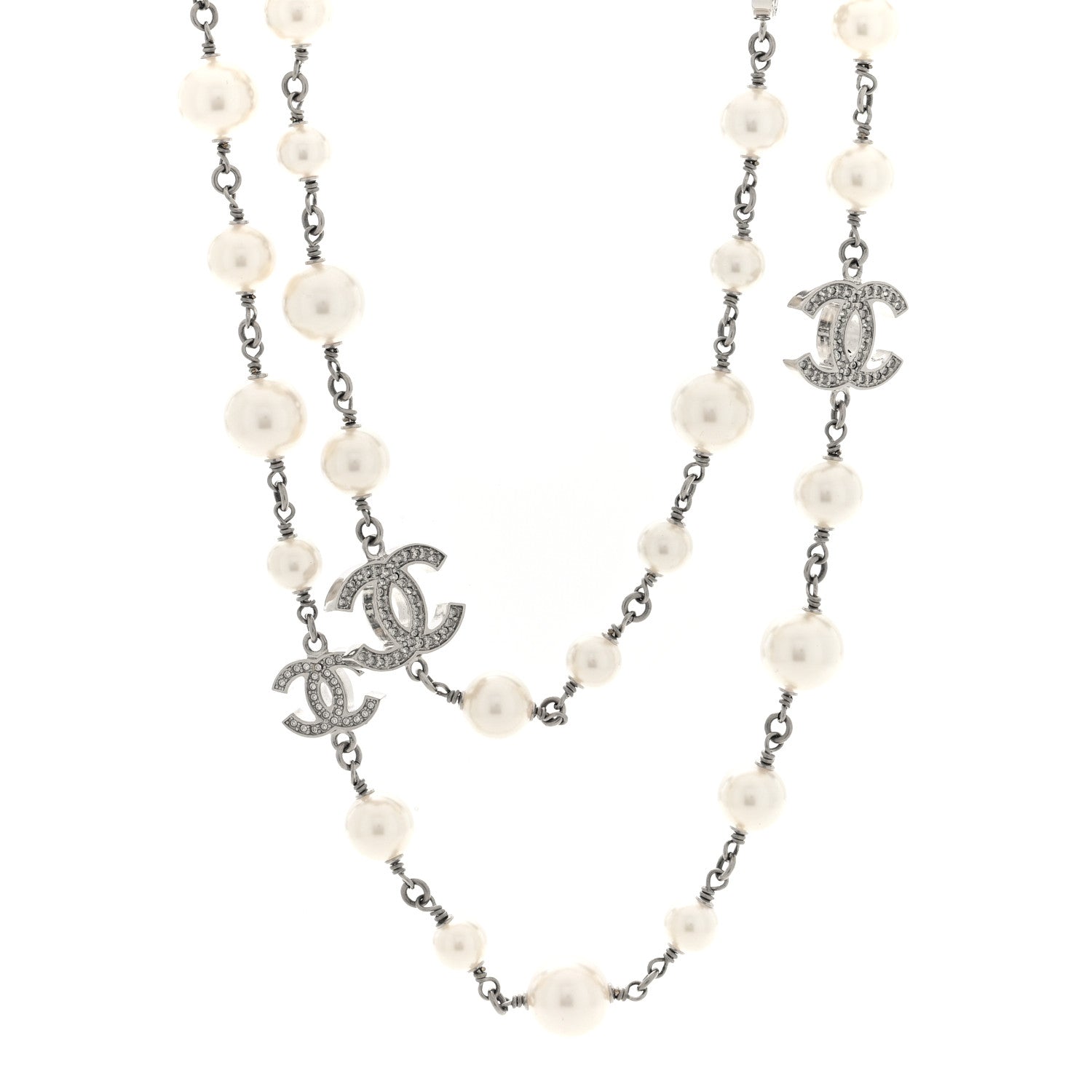 Chanel Pearl Crystal CC Necklace Silver Pearly White 1 of 4