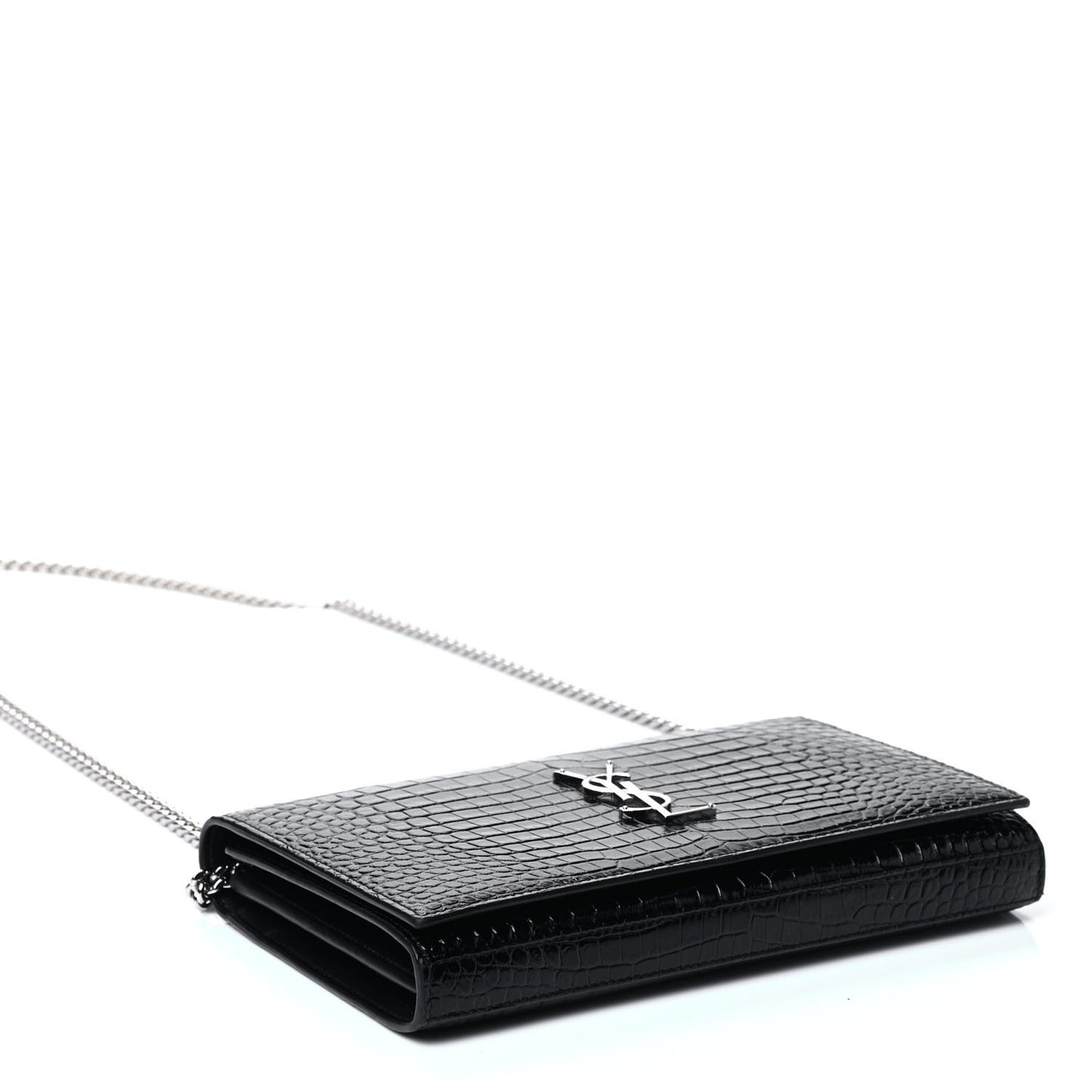 Calfskin Crocodile Embossed Monogram Chain Wallet Black