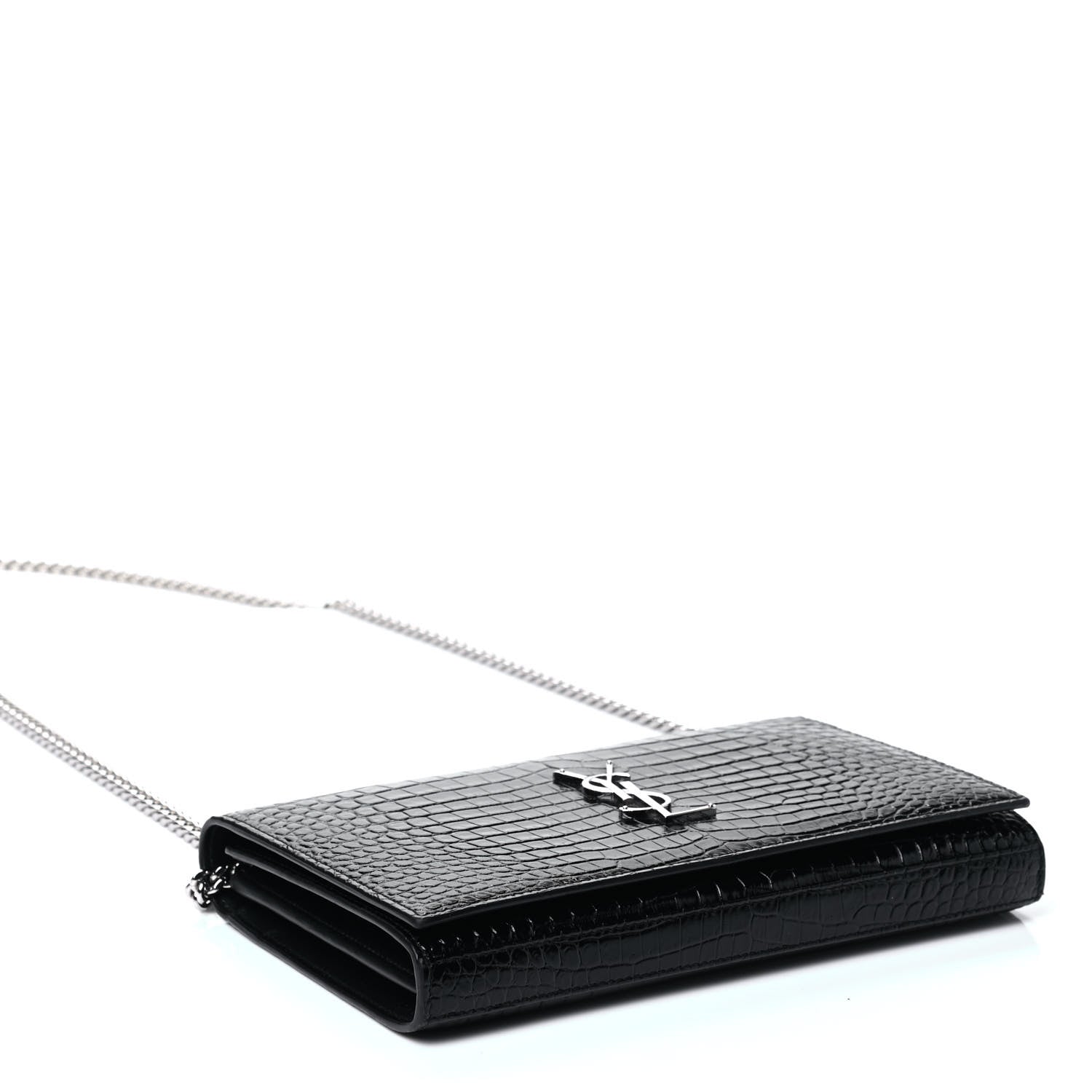 Saint Laurent Calfskin Crocodile Embossed Monogram Chain Wallet Black 3 of 4