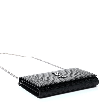 Saint Laurent Calfskin Crocodile Embossed Monogram Chain Wallet Black 3 of 4