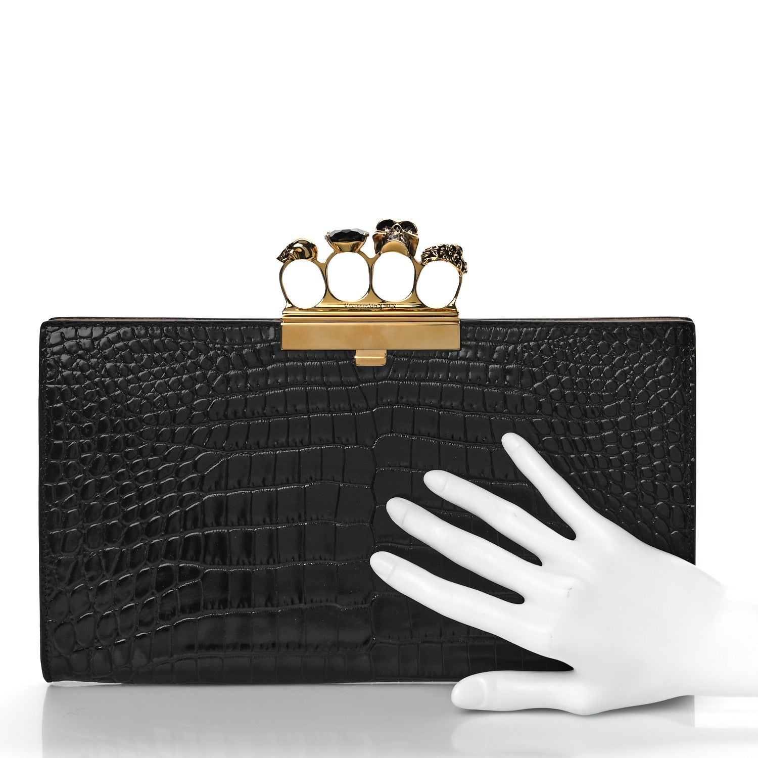 Alexander McQueen Calfskin Crocodile Embossed Knuckle Flat Clutch Black Gold 2 of 11