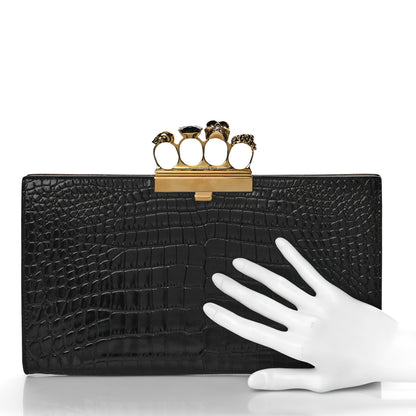 Alexander McQueen Calfskin Crocodile Embossed Knuckle Flat Clutch Black Gold 2 of 11