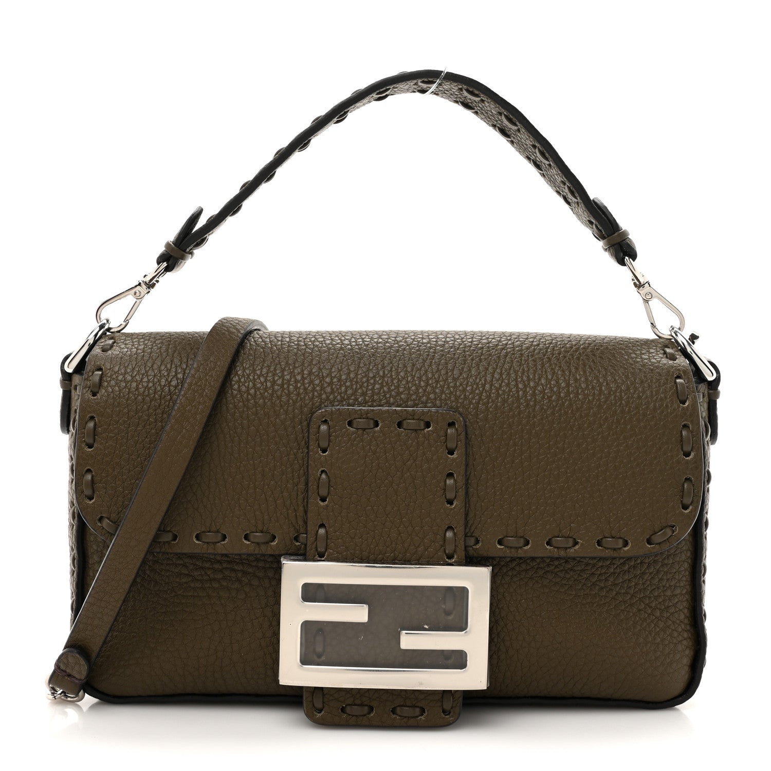 Fendi Cuoio Roma Sellerissima Nappa Sintetica Tape Stitch Mini Baguette Argento 1 of 11
