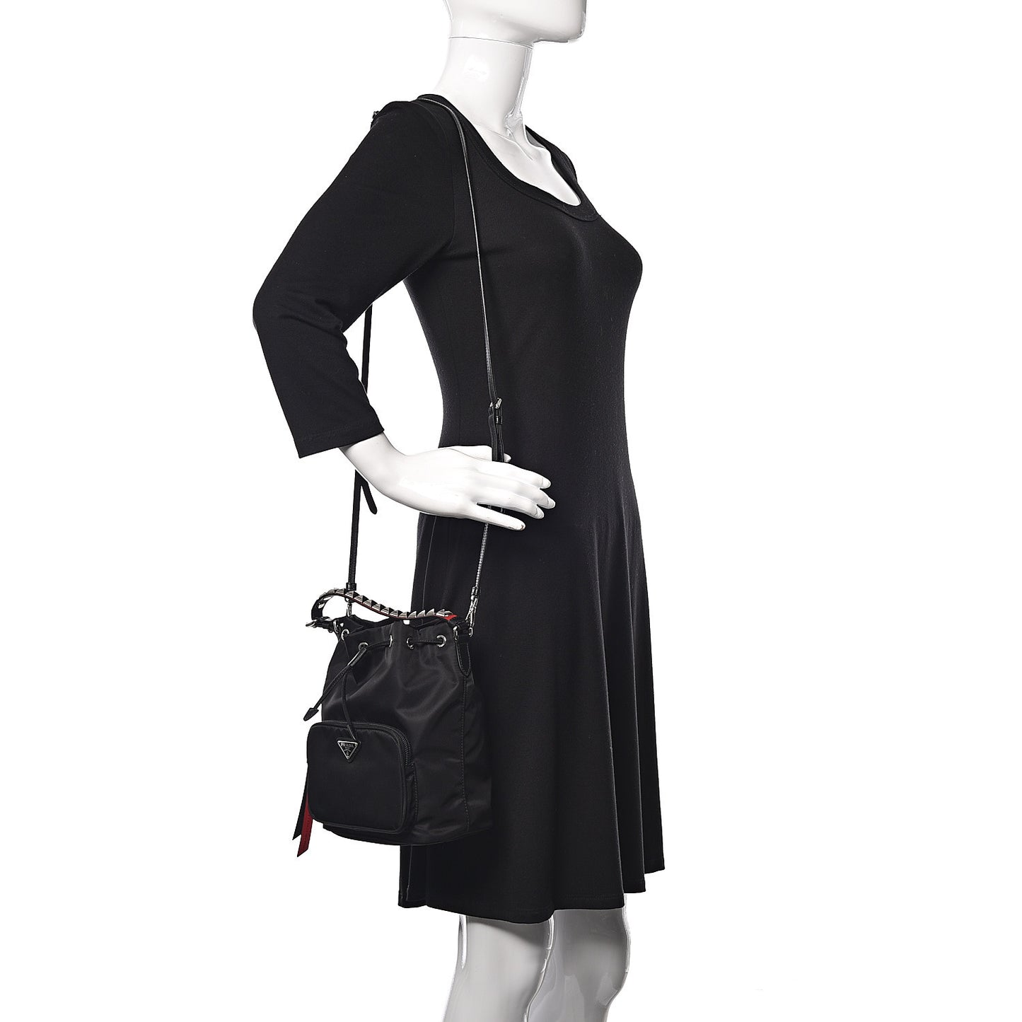 Tessuto Nylon Studded New Vela Mini Bucket Crossbody Bag Black Fuoco