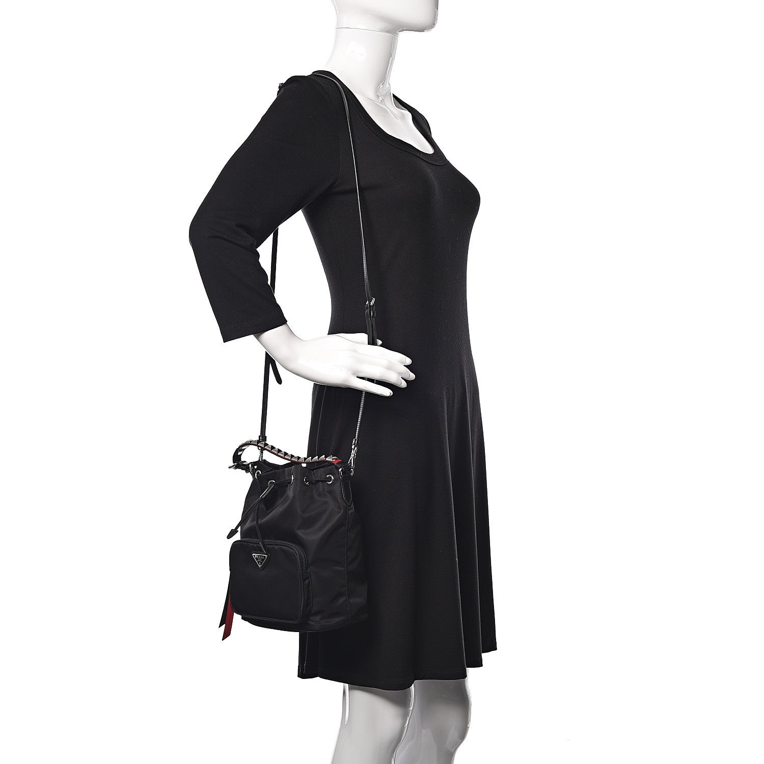 Prada Tessuto Nylon Studded New Vela Mini Bucket Crossbody Bag Black Fuoco 2 of 10