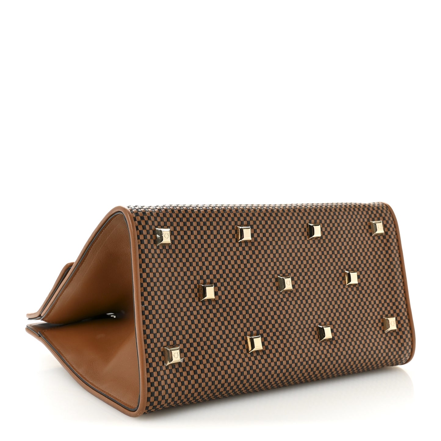 Woven Calfskin Medium Studio Top Handle Bag Tan Black