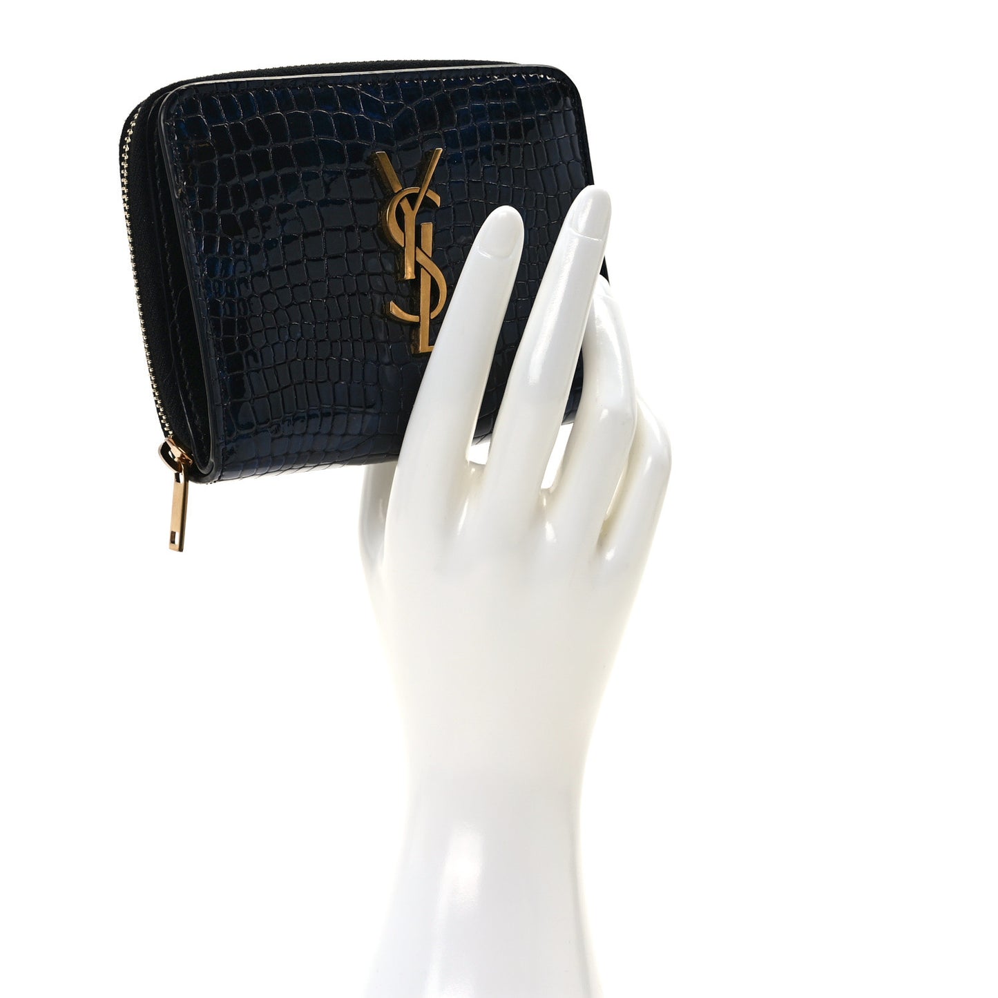 Calfskin Crocodile Embossed Monogram Compact Wallet Blue Black