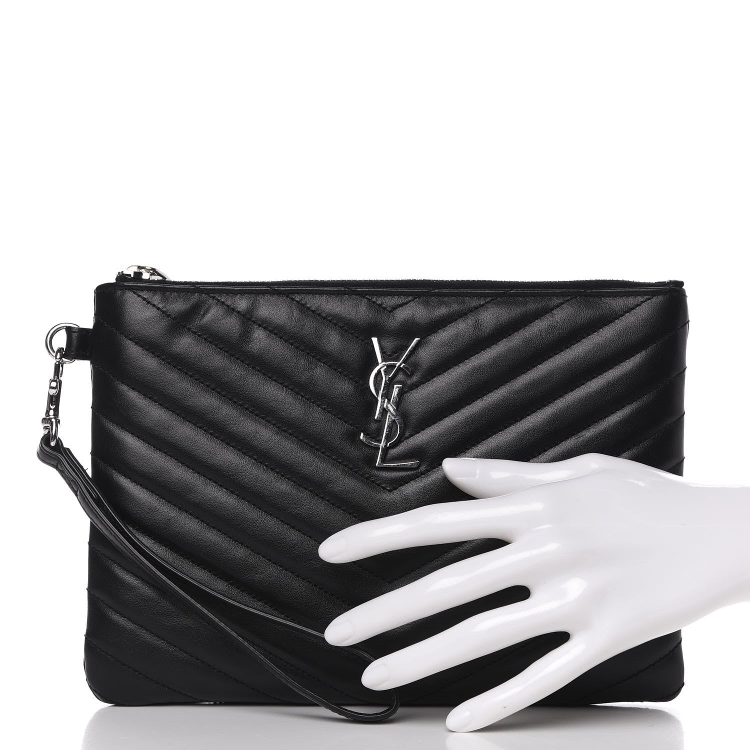 Saint Laurent Calfskin Matelasse Chevron Monogram A5 Wristlet Black 2 of 9