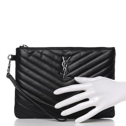 Saint Laurent Calfskin Matelasse Chevron Monogram A5 Wristlet Black 2 of 9