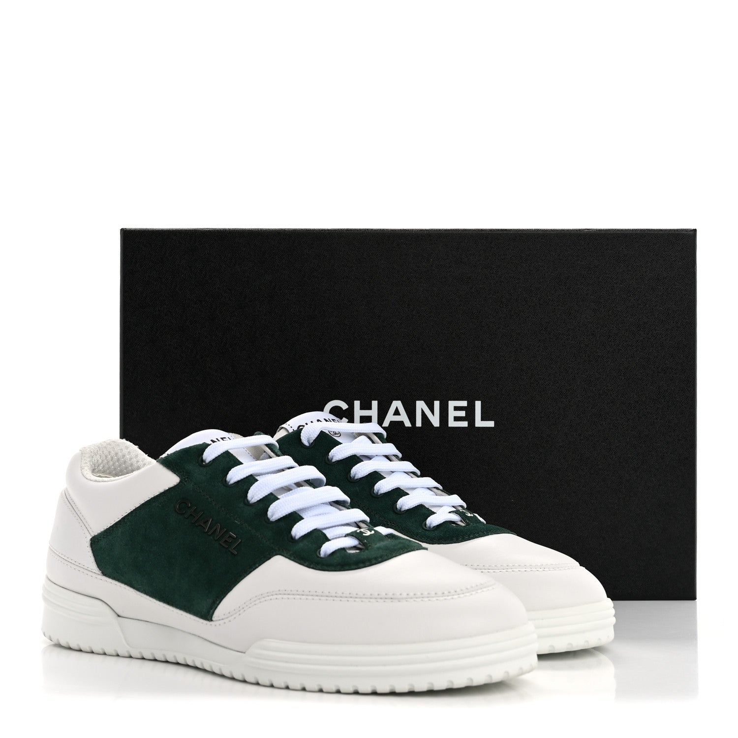 Chanel Calfskin Suede Calfskin Logo Womens Sneakers 38.5 White Dark Green 11 of 11