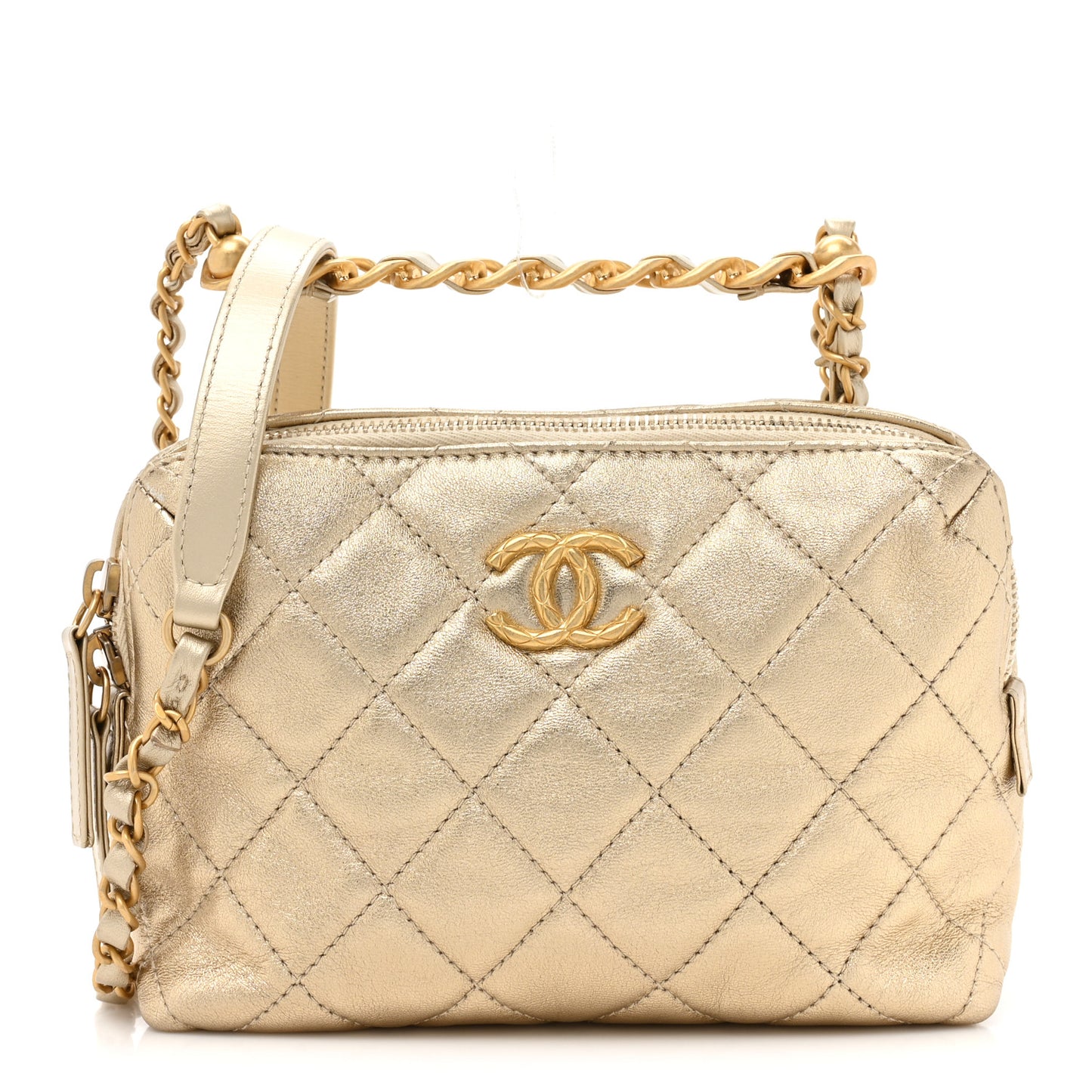 Metallic Lambskin Quilted Mini Bowling Bag Gold