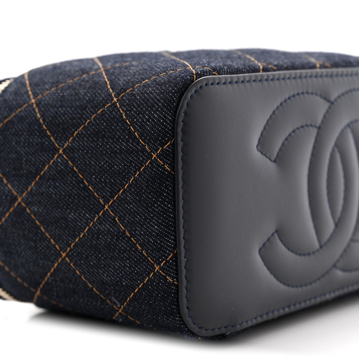 Denim Quilted Vanity Case With Chain Dark Blue