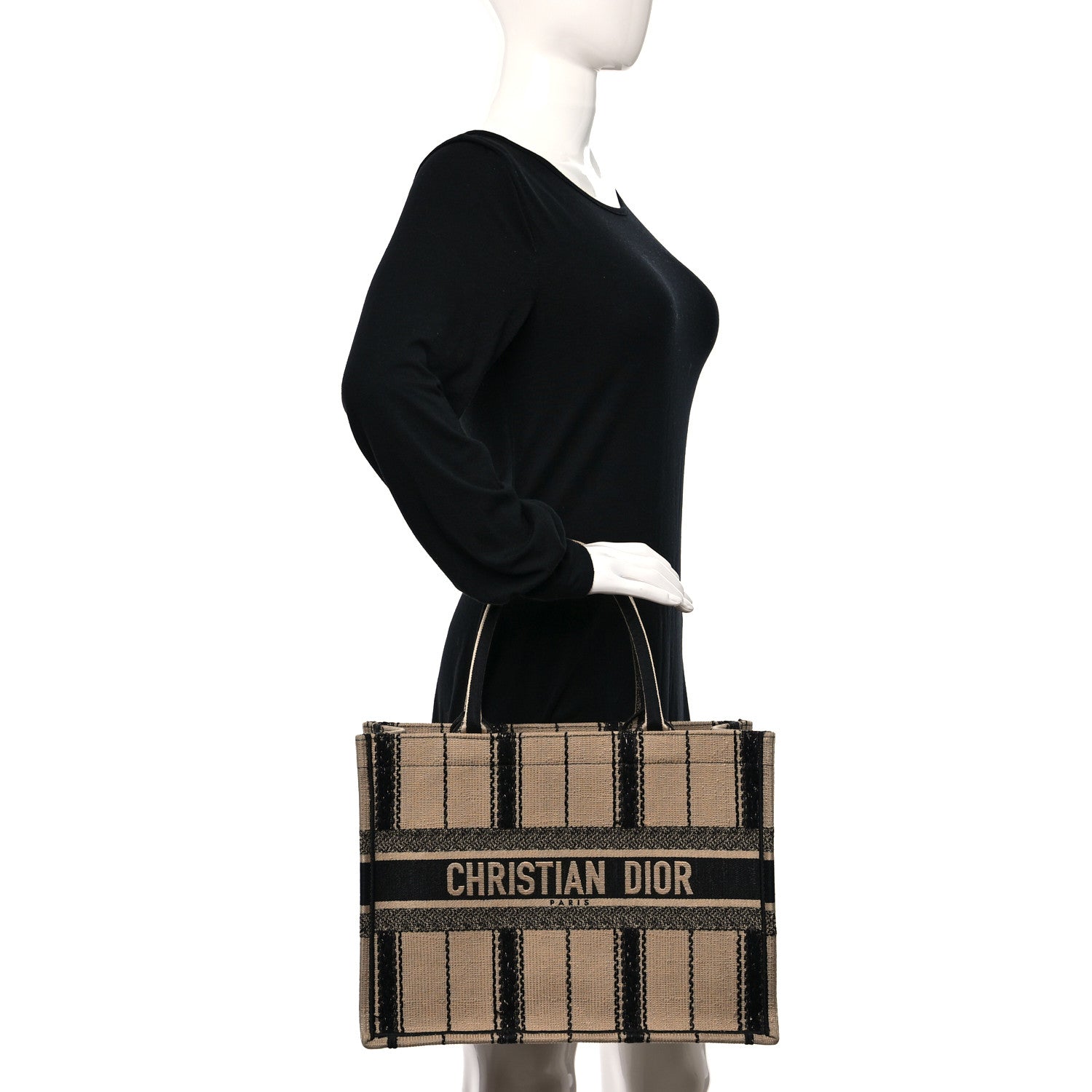 Christian Dior Canvas Embroidered Medium Bayadere Book Tote Black Beige 2 of 11