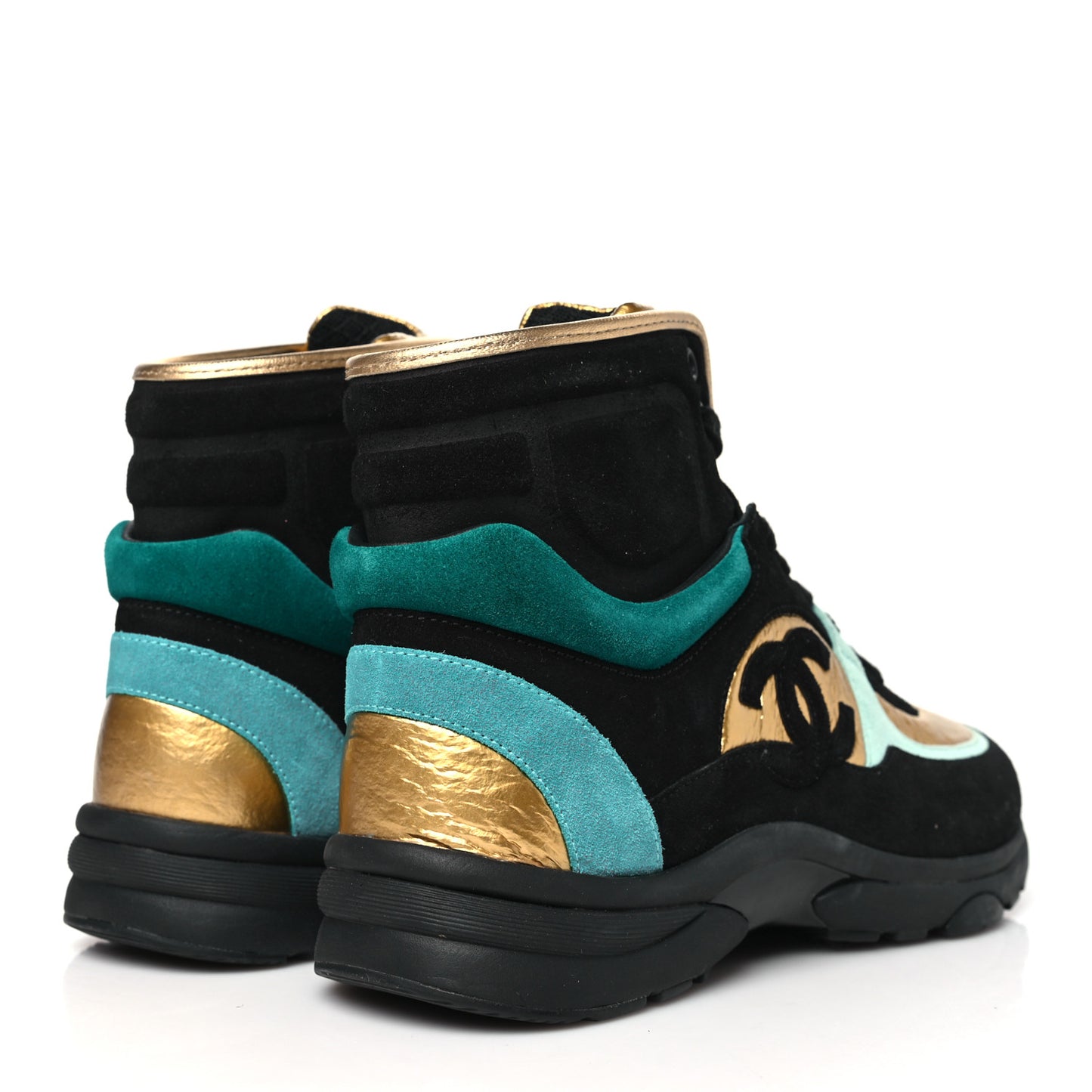 Suede Calfskin Fabric CC High Top Sneakers 38.5 Black Turquoise Gold