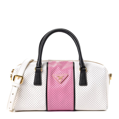 Prada Saffiano Perforated Striped Shoulder Bag White Black 1 of 5