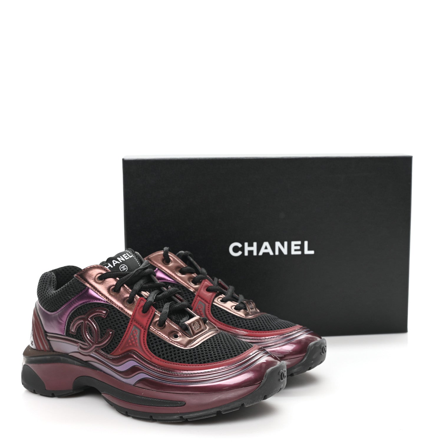 Chanel Fabric Laminated Calfskin Stretch CC Womens Sneakers 37.5 Black Purple Burgundy 12 of 12
