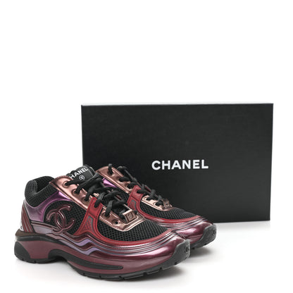 Chanel Fabric Laminated Calfskin Stretch CC Womens Sneakers 37.5 Black Purple Burgundy 12 of 12
