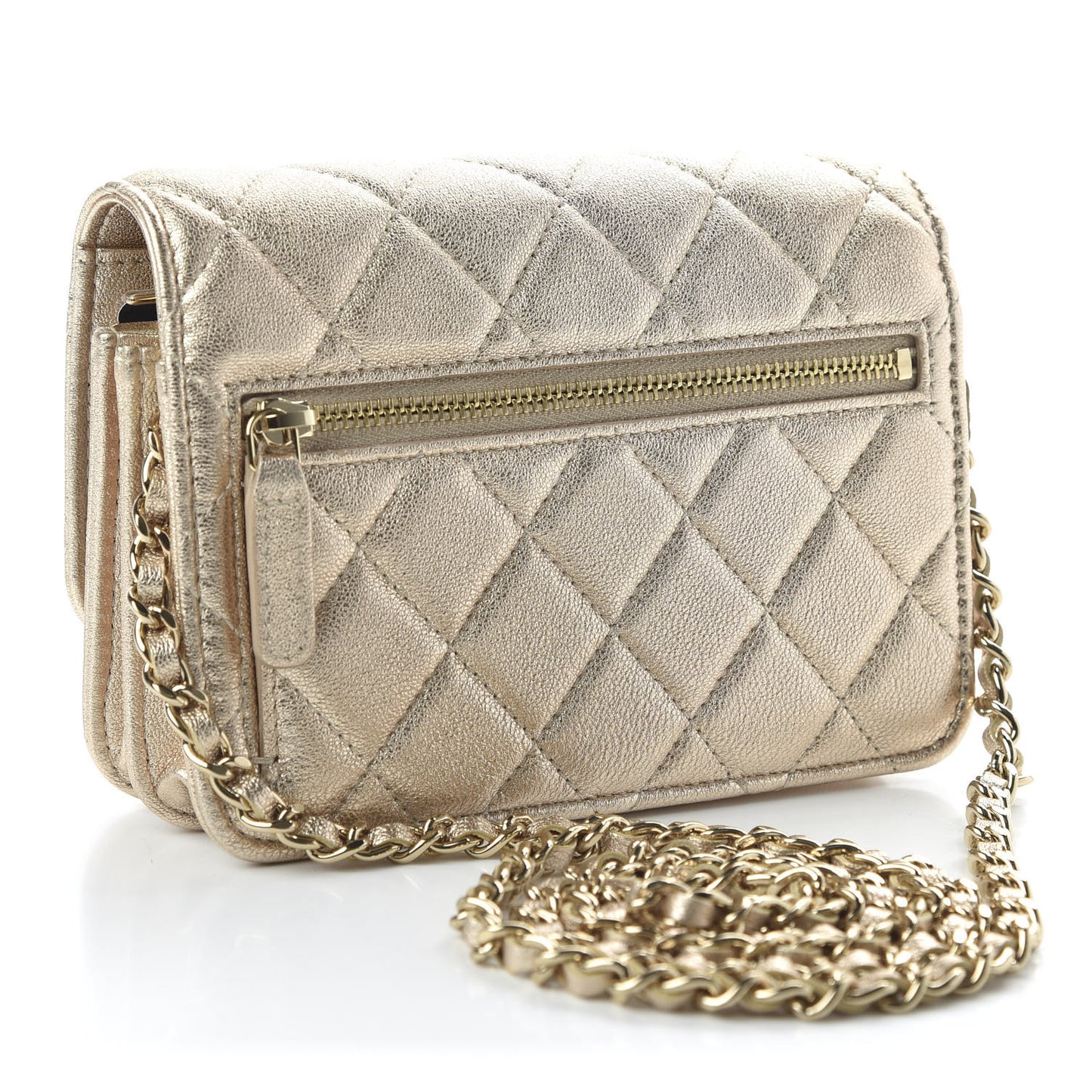 Metallic Lambskin Quilted Mini Wallet On Chain WOC Gold