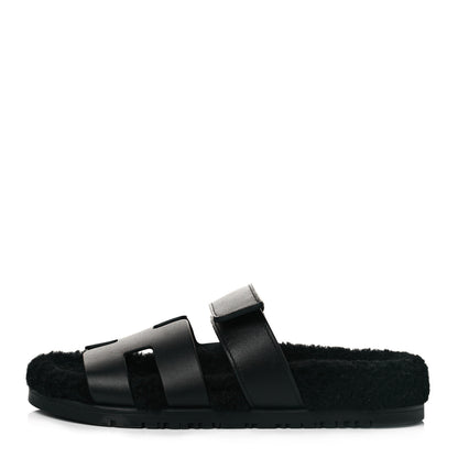Hermes Calfskin Woolskin Womens Chypre Sandals 37.5 Black 1 of 8