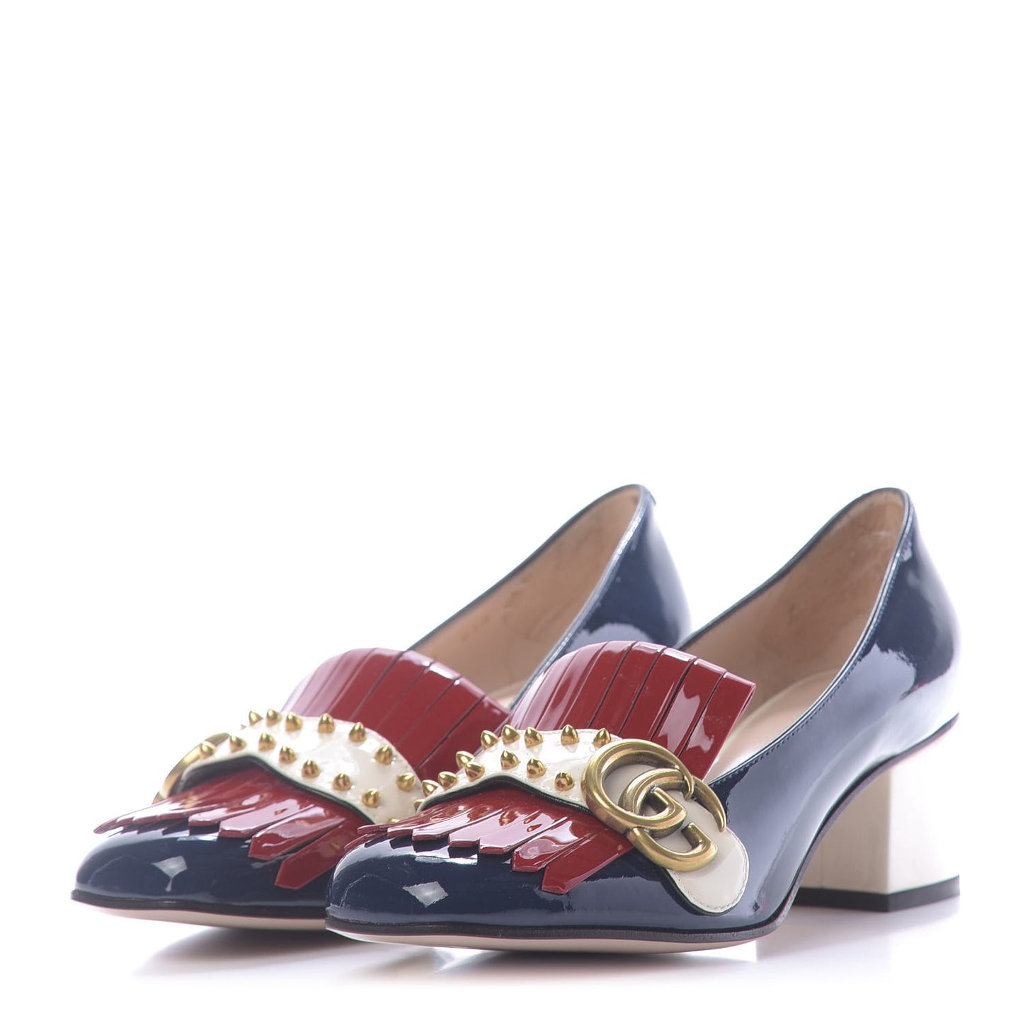 Vernice Studded GG Marmont Fringe 50mm Loafer Pumps 36 Blue Agata Hibiscus Red Mystic White
