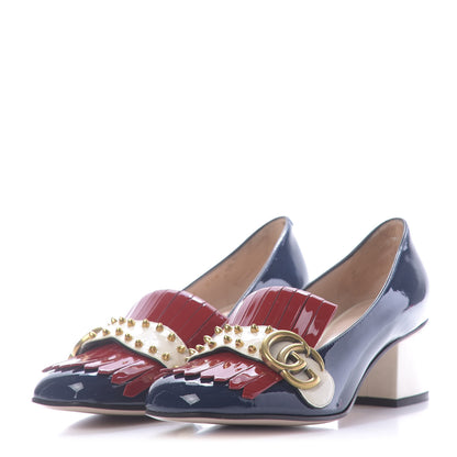 Gucci Vernice Studded GG Marmont Fringe 50mm Loafer Pumps 36 Blue Agata Hibiscus Red Mystic White 3 of 12
