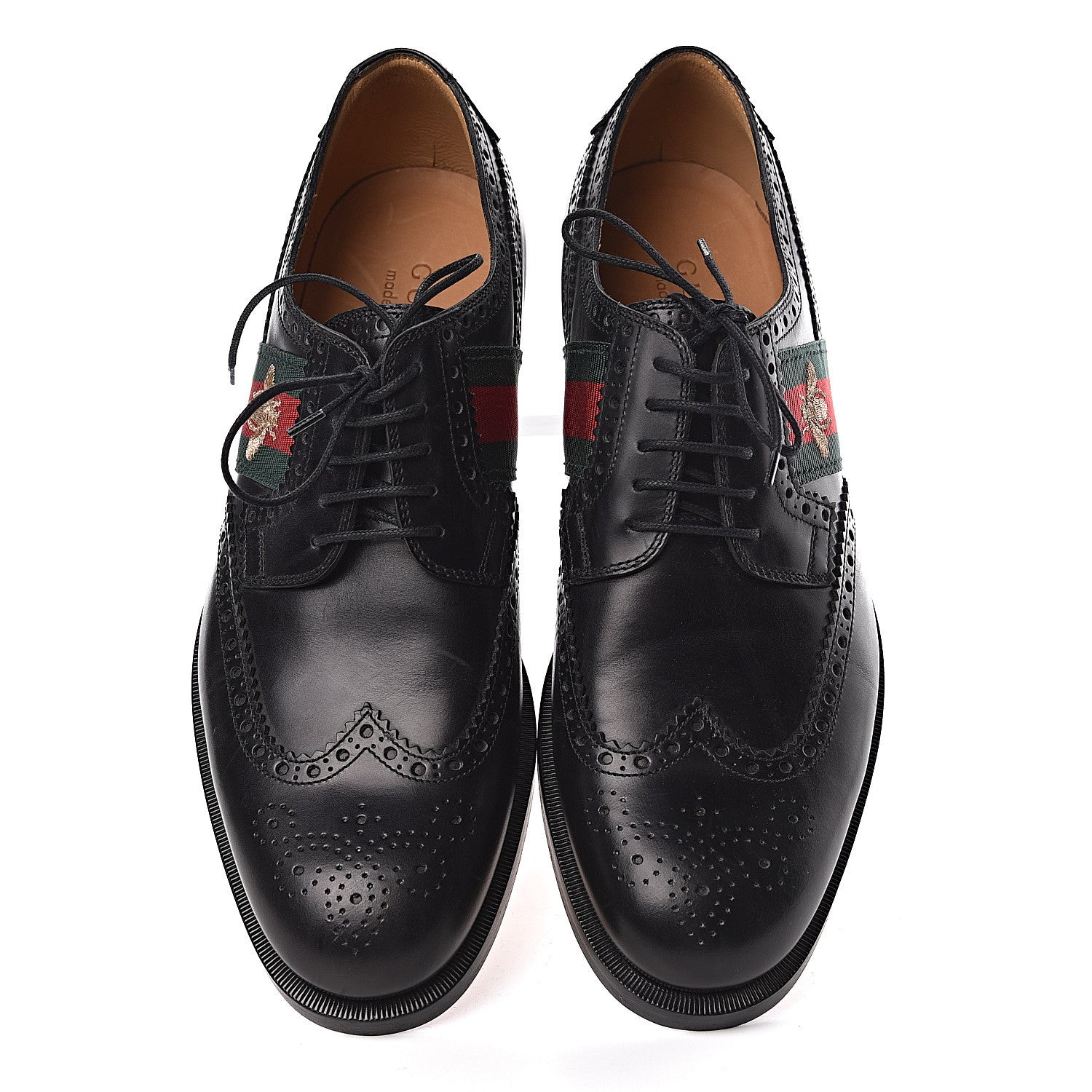 Gucci Calfskin Web Bee Embroidered Mens Wingtip Derby Loafers 8 Black 12 of 13