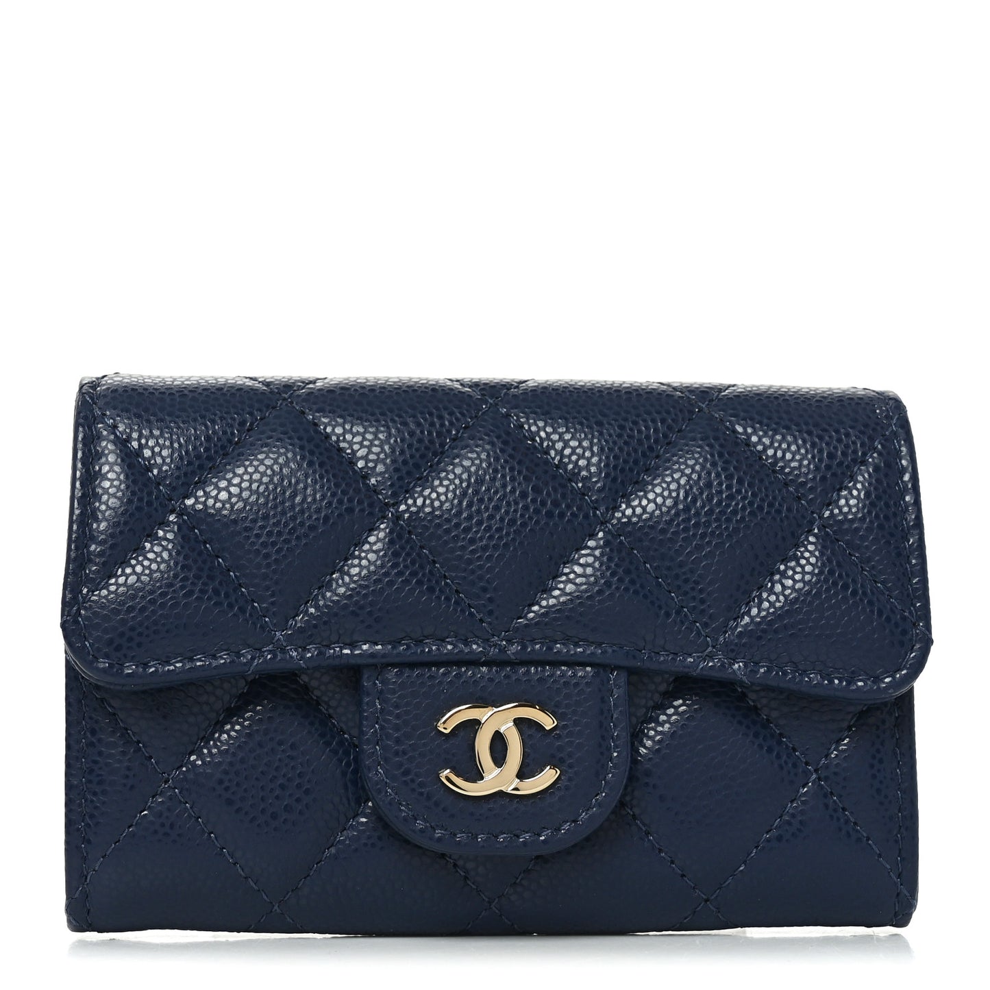 Caviar Quilted Flap Card Holder Wallet Navy Blue