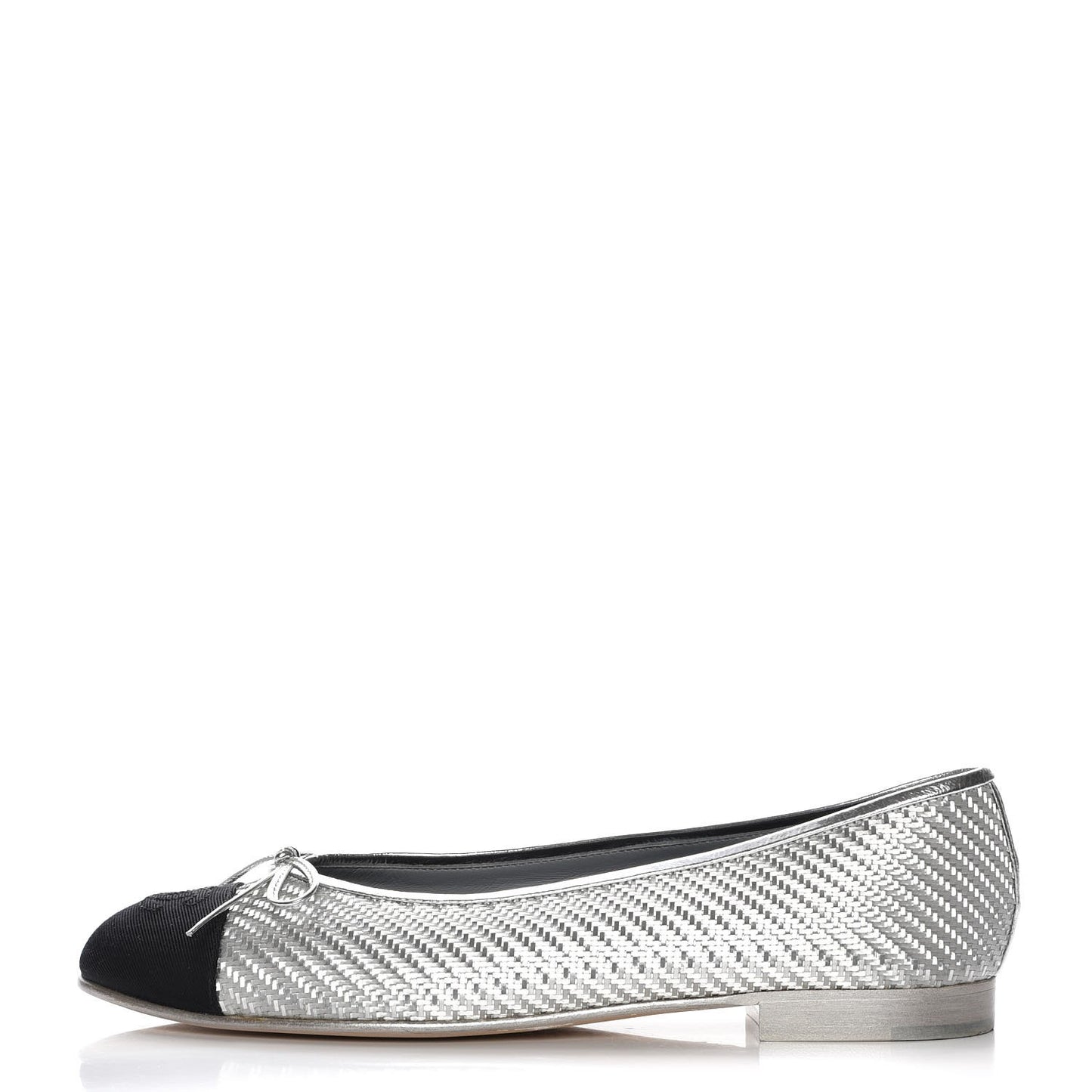 Metallic PVC Grosgrain Cap Toe Ballerina Flats 40.5 Silver Black