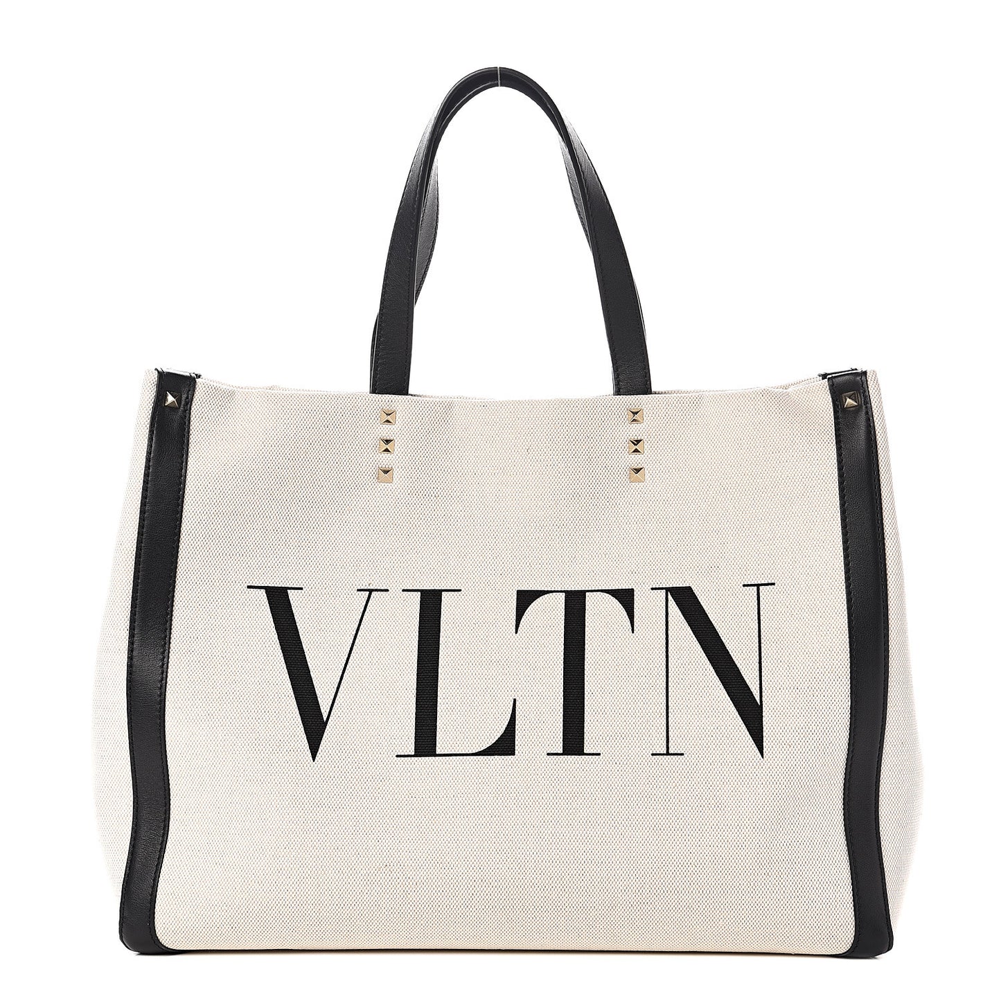 Canvas Calfskin VLTN Print Small Rockstud Tote Naturale Black