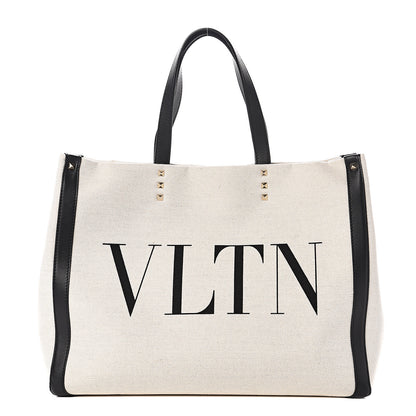Valentino Garavani Canvas Calfskin VLTN Print Small Rockstud Tote Naturale Black 1 of 9