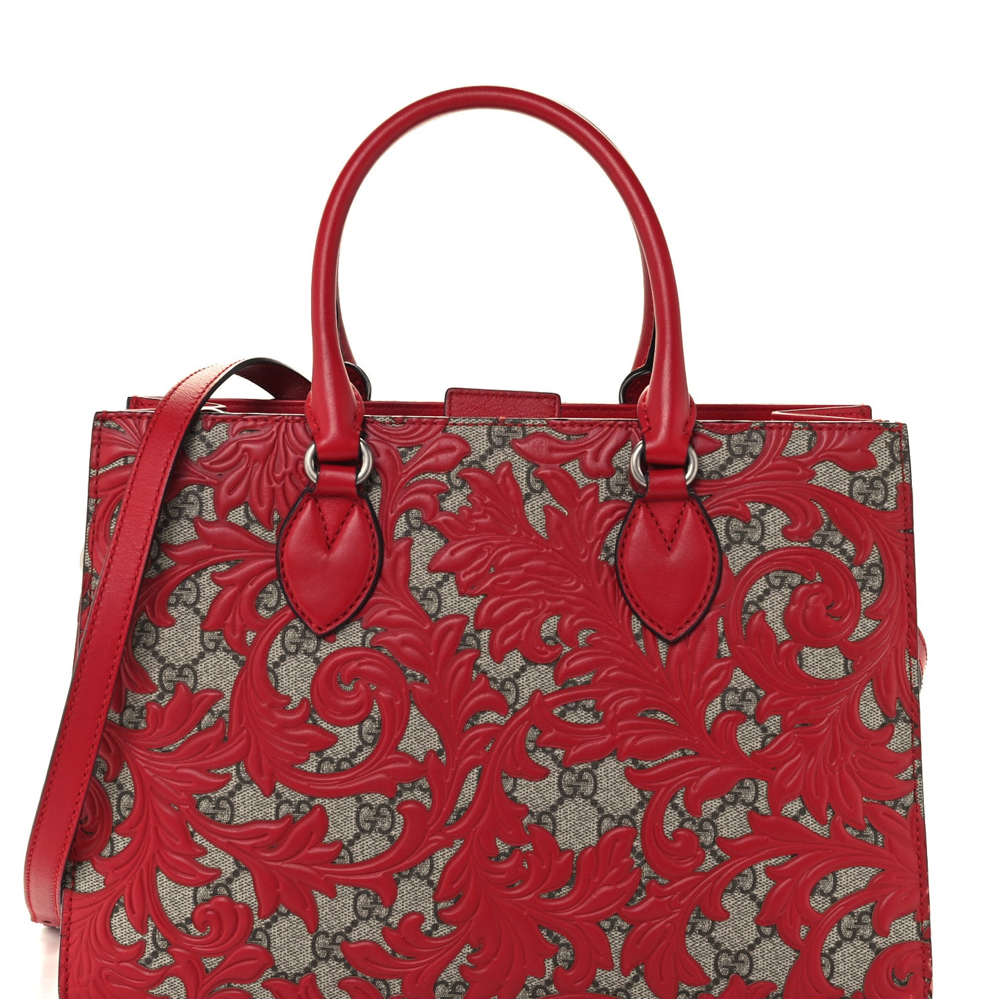 GG Supreme Monogram Arabesque Small Top Handle Bag Beige Hibiscus Red