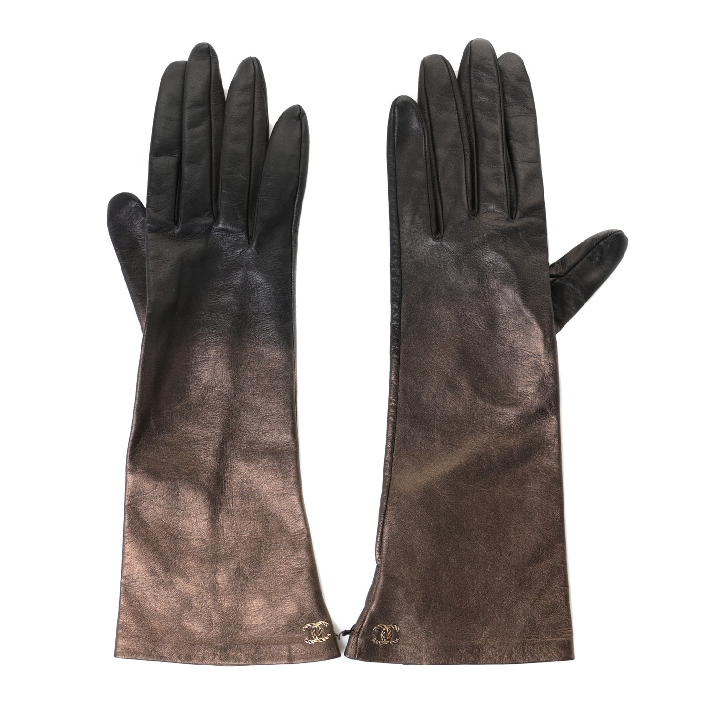Metallic Lambskin Long Gloves 8 Black Brown