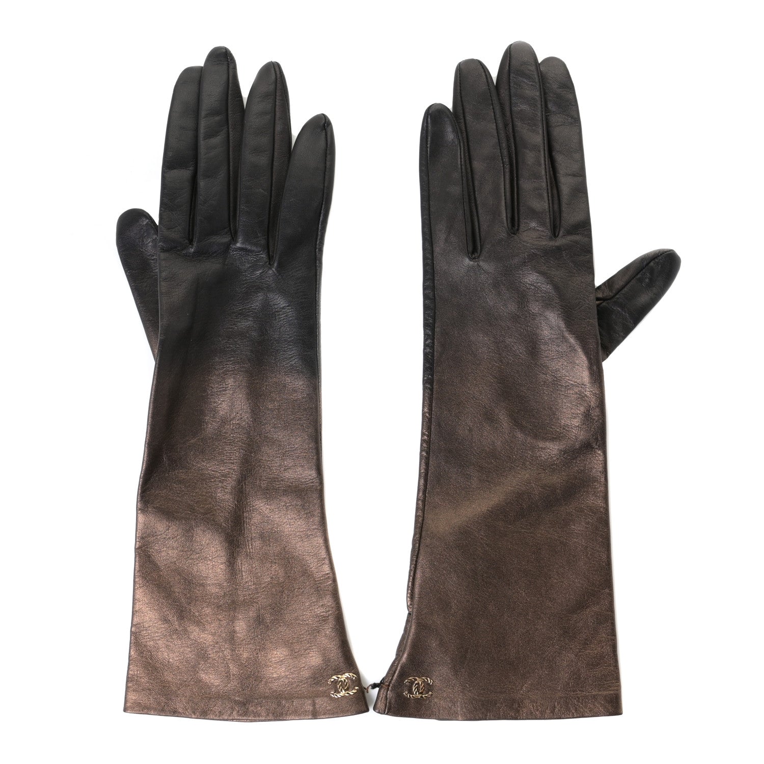 Chanel Metallic Lambskin Long Gloves 8 Black Brown 1 of 9