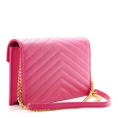 Saint Laurent Grain De Poudre Matelasse Chevron Monogram Envelope Chain Wallet Fuxia Couture 3 of 12