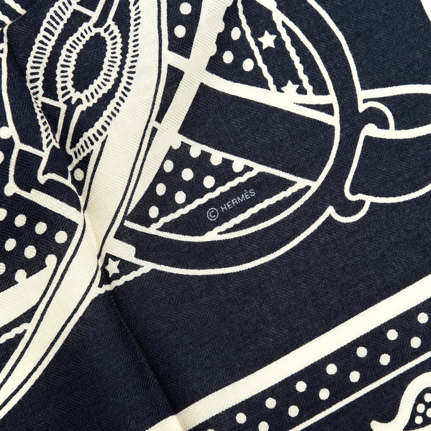 Silk Cashmere Grand Manege Bandana Shawl 140 Marine White