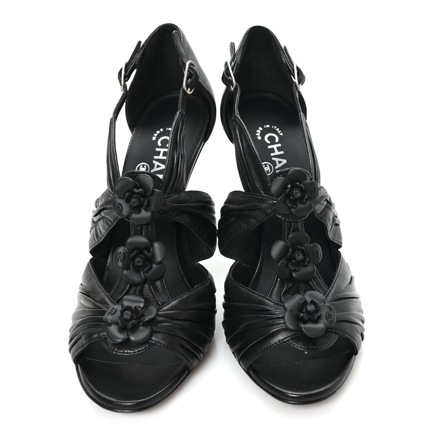 Calfskin Camellia Sandals 39.5 Black