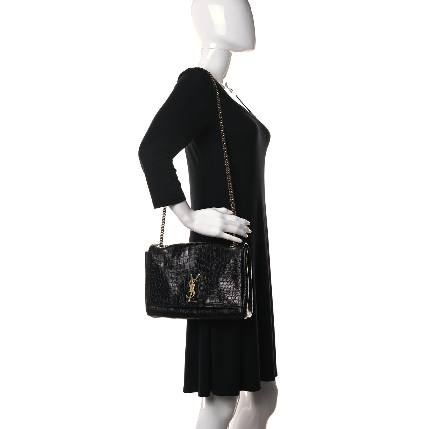 Saint Laurent Calfskin Crocodile Embossed Suede Medium Reversible Monogram Kate Satchel Military Taupe 3 of 23