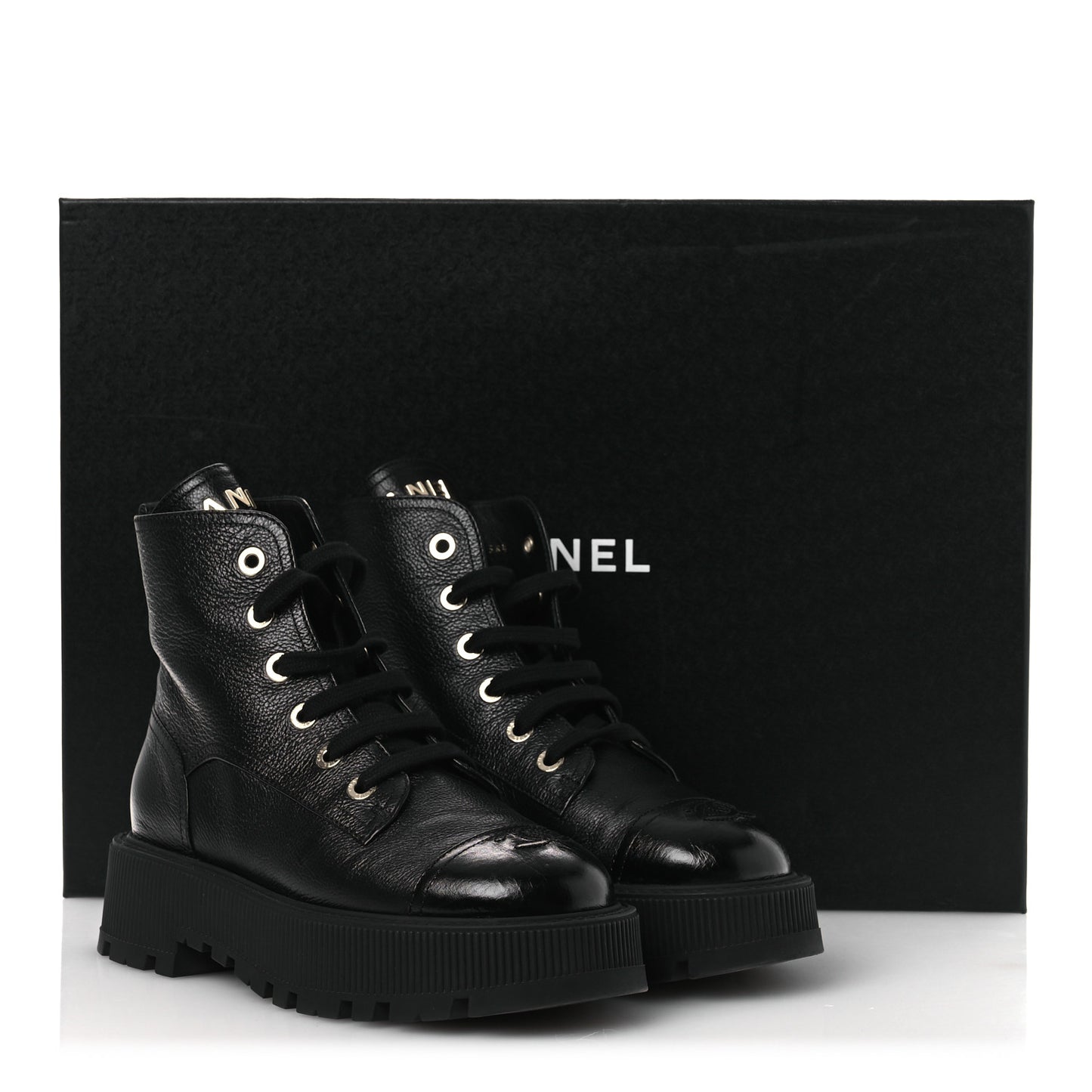 Grained Calfskin Shiny Calfskin CC Lace Up Combat Boots 38.5 Black