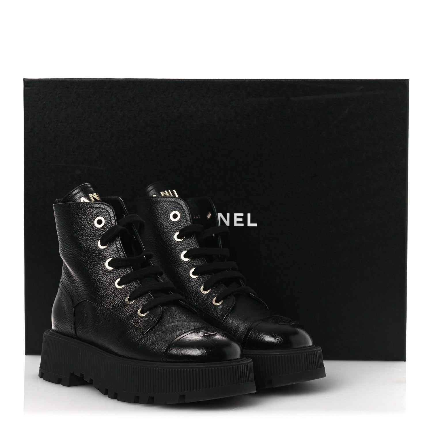 Chanel Grained Calfskin Shiny Calfskin CC Lace Up Combat Boots 38.5 Black 11 of 11